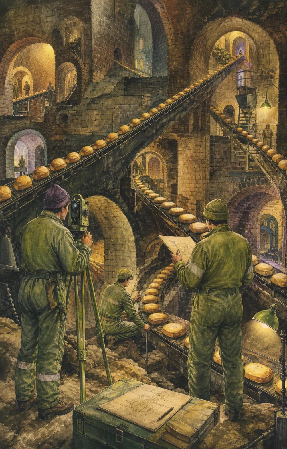Surveyors mapping a vast underground brick tunnel system filled with conveyor belts of bread.