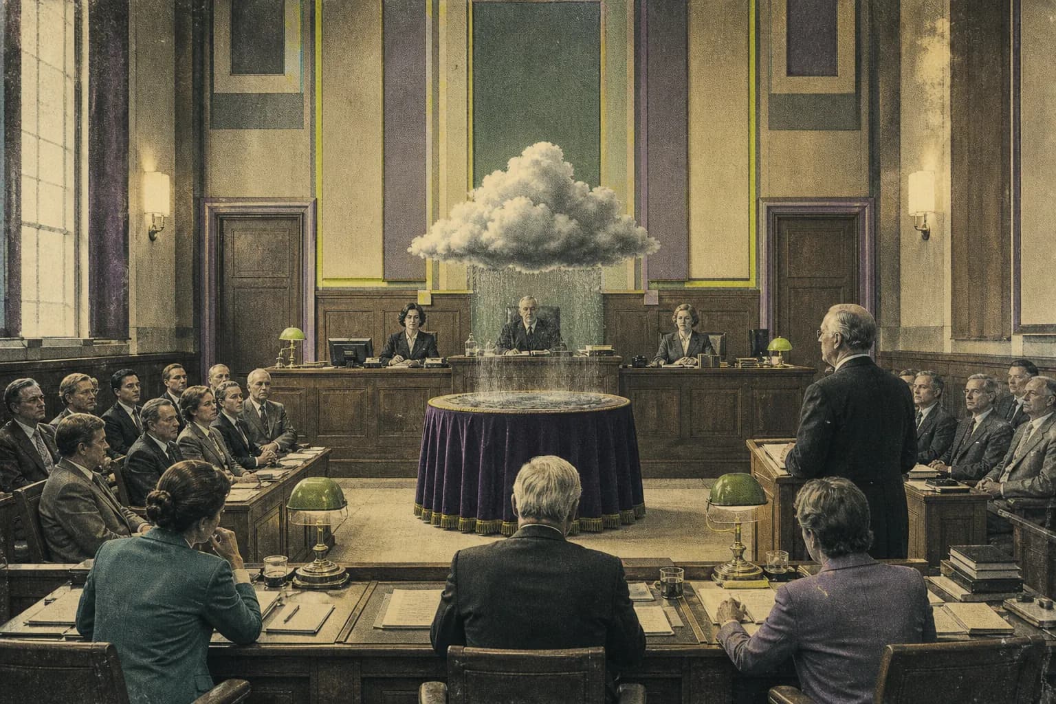 A formal courtroom observing a small rain cloud hovering above a velvet evidence table.