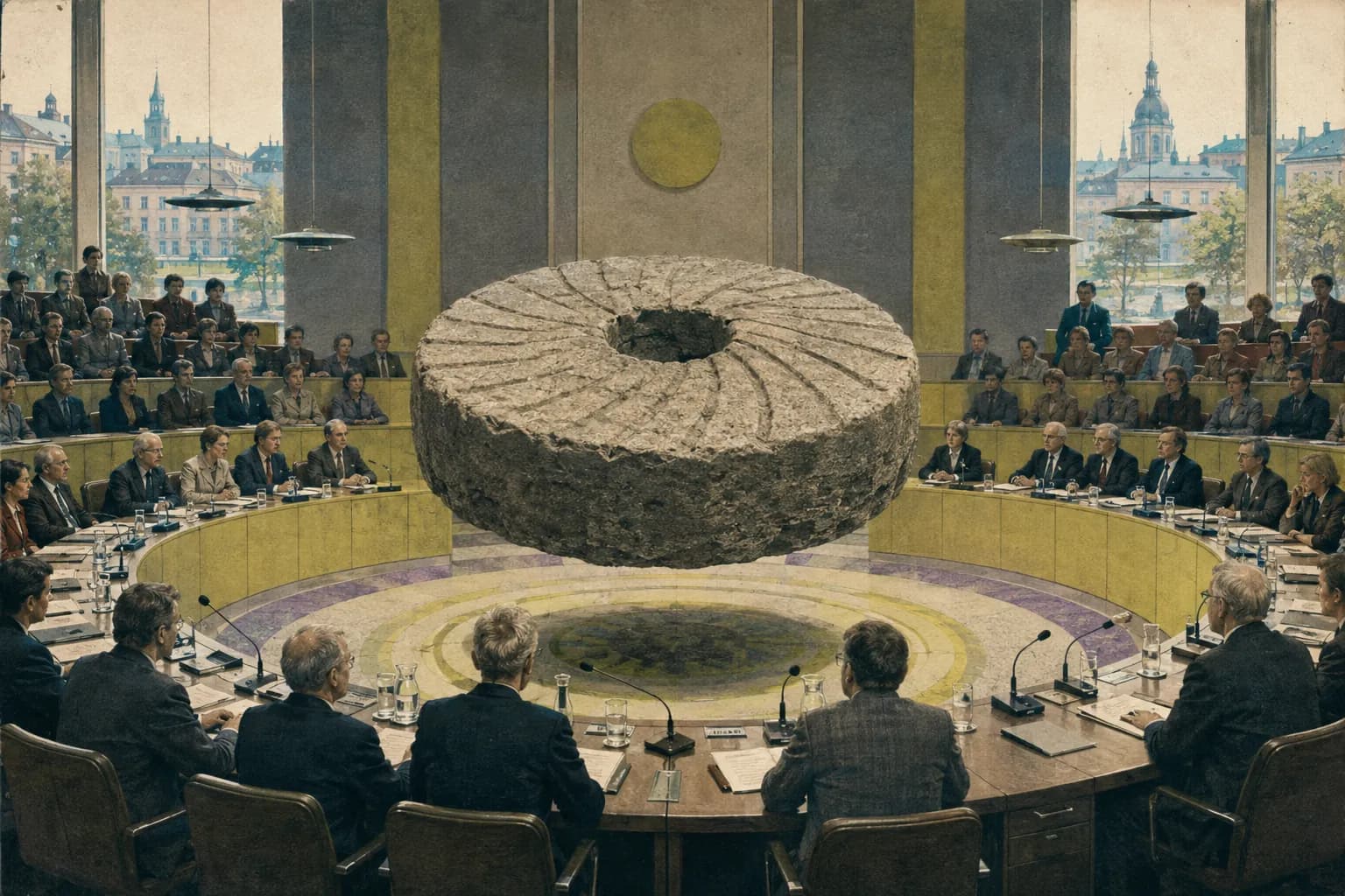 City officials seated around a monumental levitating millstone in a formal council chamber.