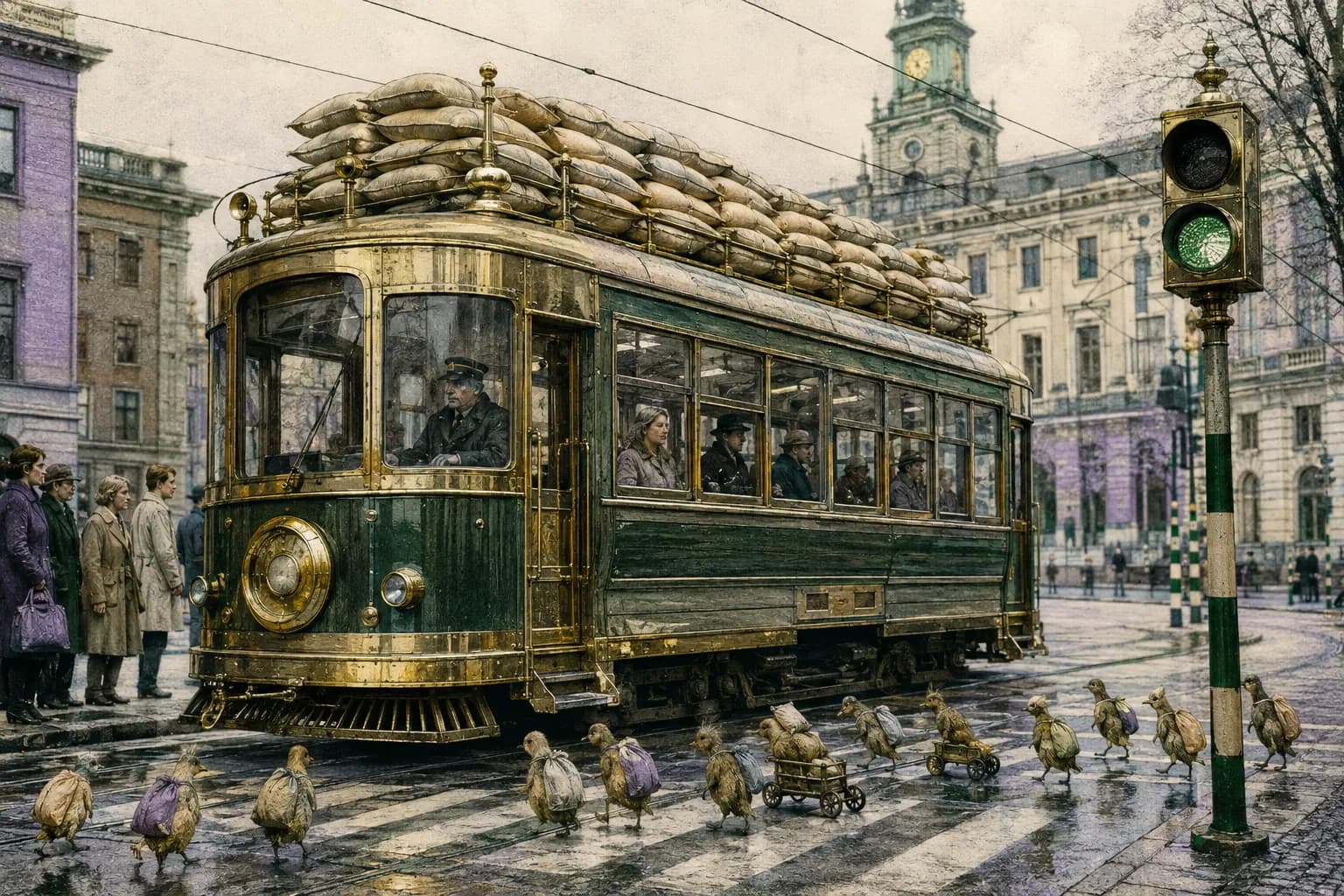 A brass and green tram loaded with flour sacks as tiny grain creatures cross the street.