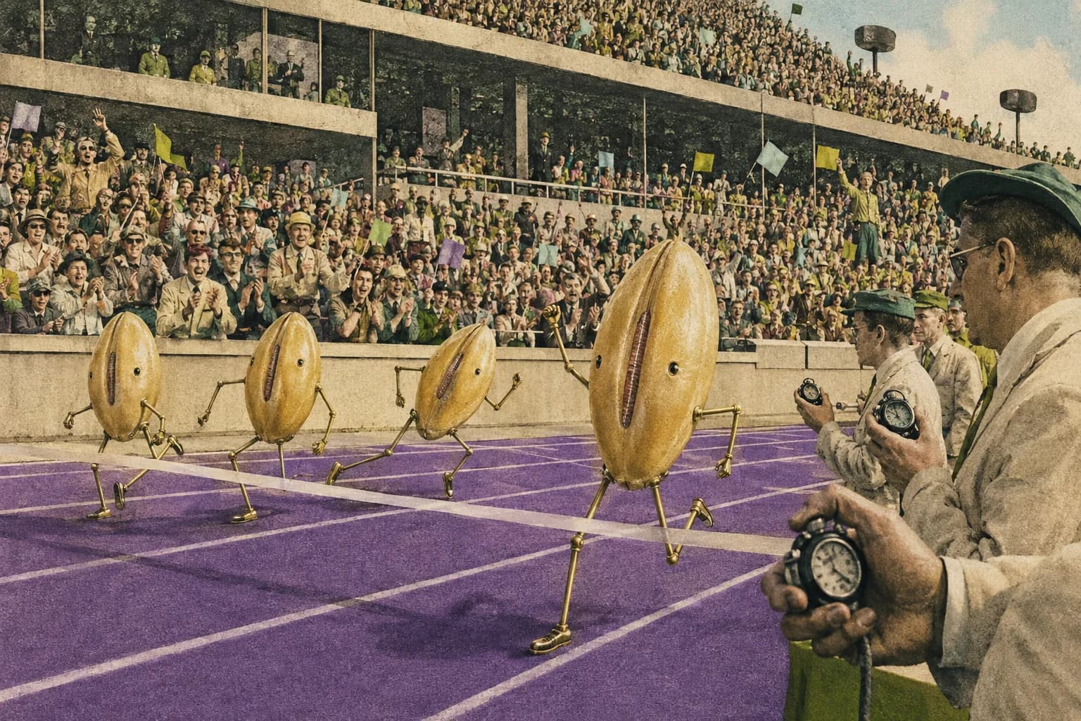 Tiny grain creatures on brass legs racing on a purple stadium track before cheering crowds.