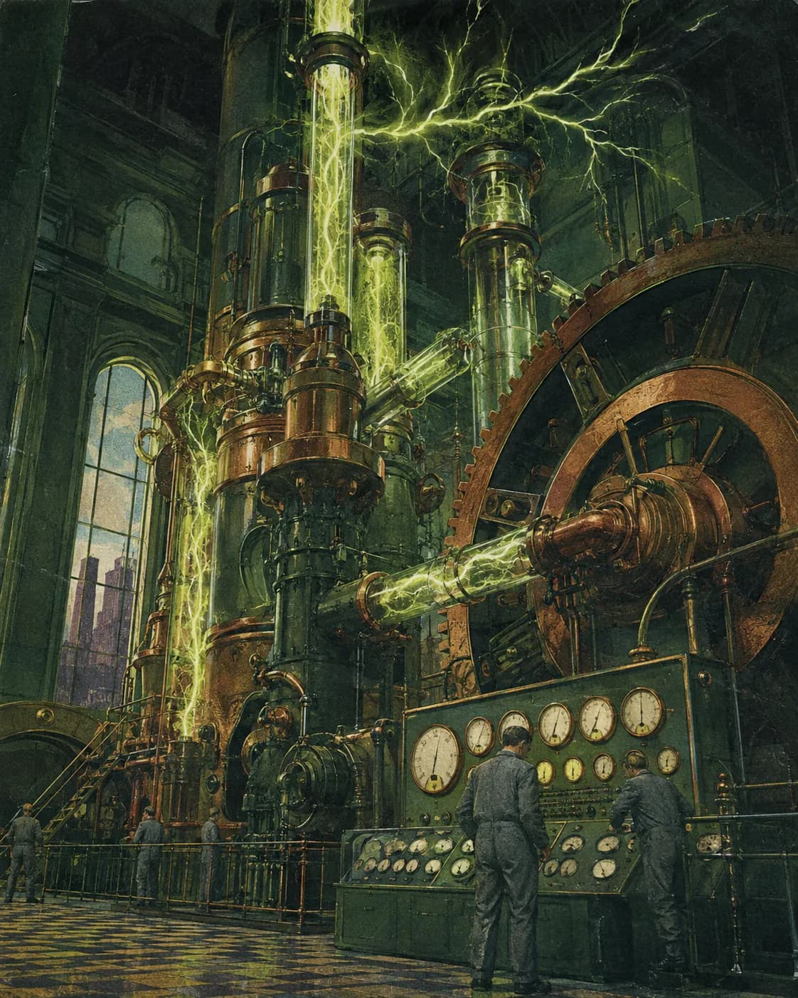 Technicians operating a vast grain power station with copper gears and luminous green lightning in glass conduits.