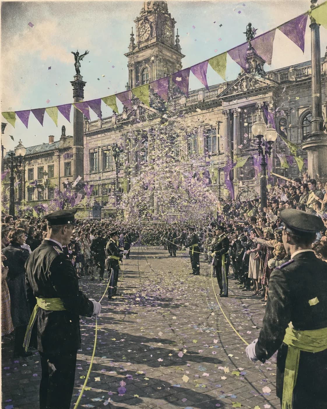 A civic parade around an invisible float revealed by ropes, bent confetti, and a gap in the crowd.