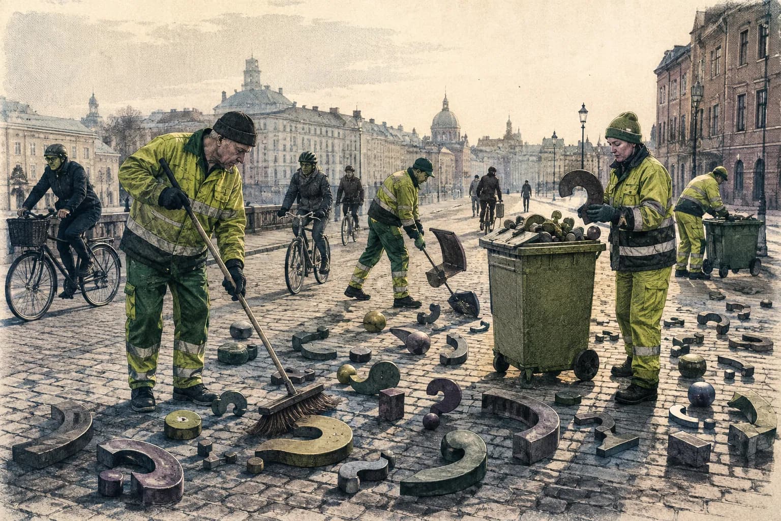 Street workers sweeping oversized metal punctuation marks into bins as cyclists pass.