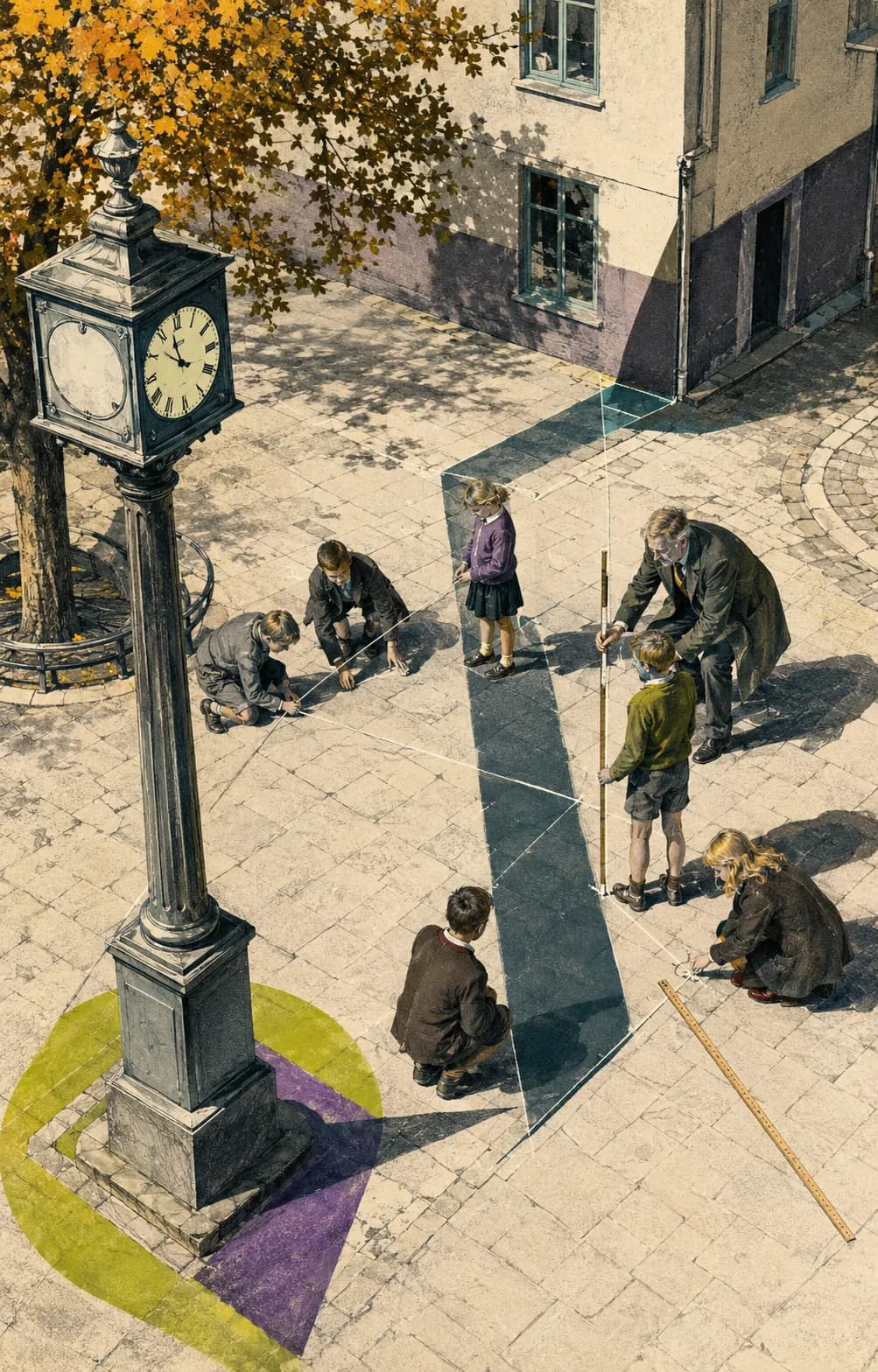 Schoolchildren and a teacher measuring a clock's long angular shadow across a square.