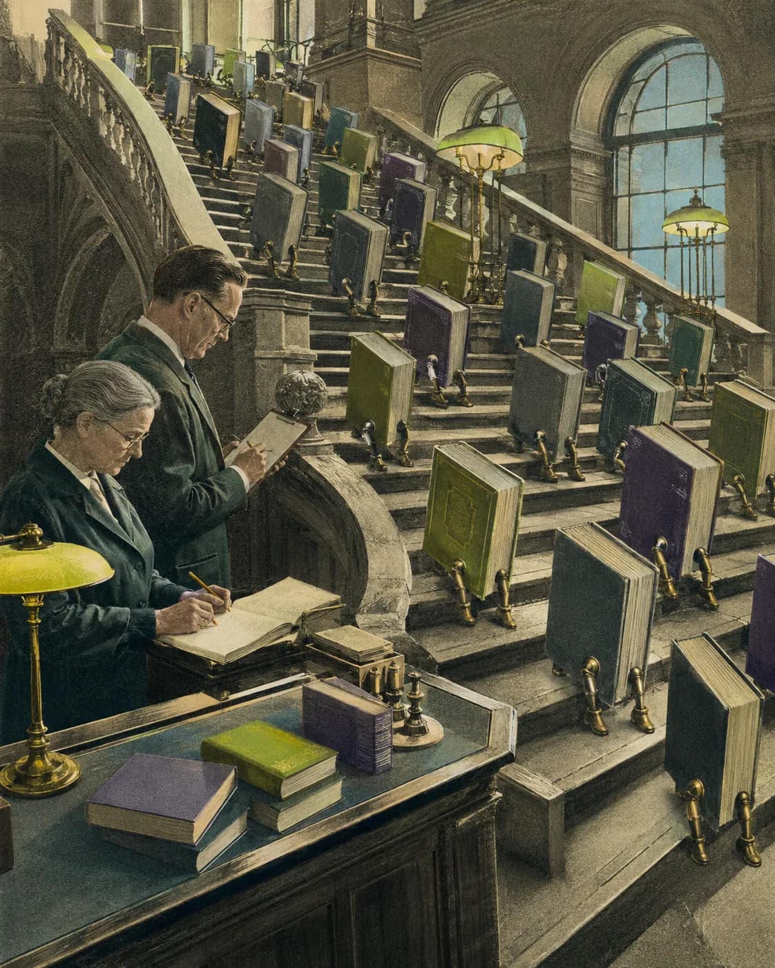 Books on tiny brass legs migrating down a grand library staircase while librarians count them.