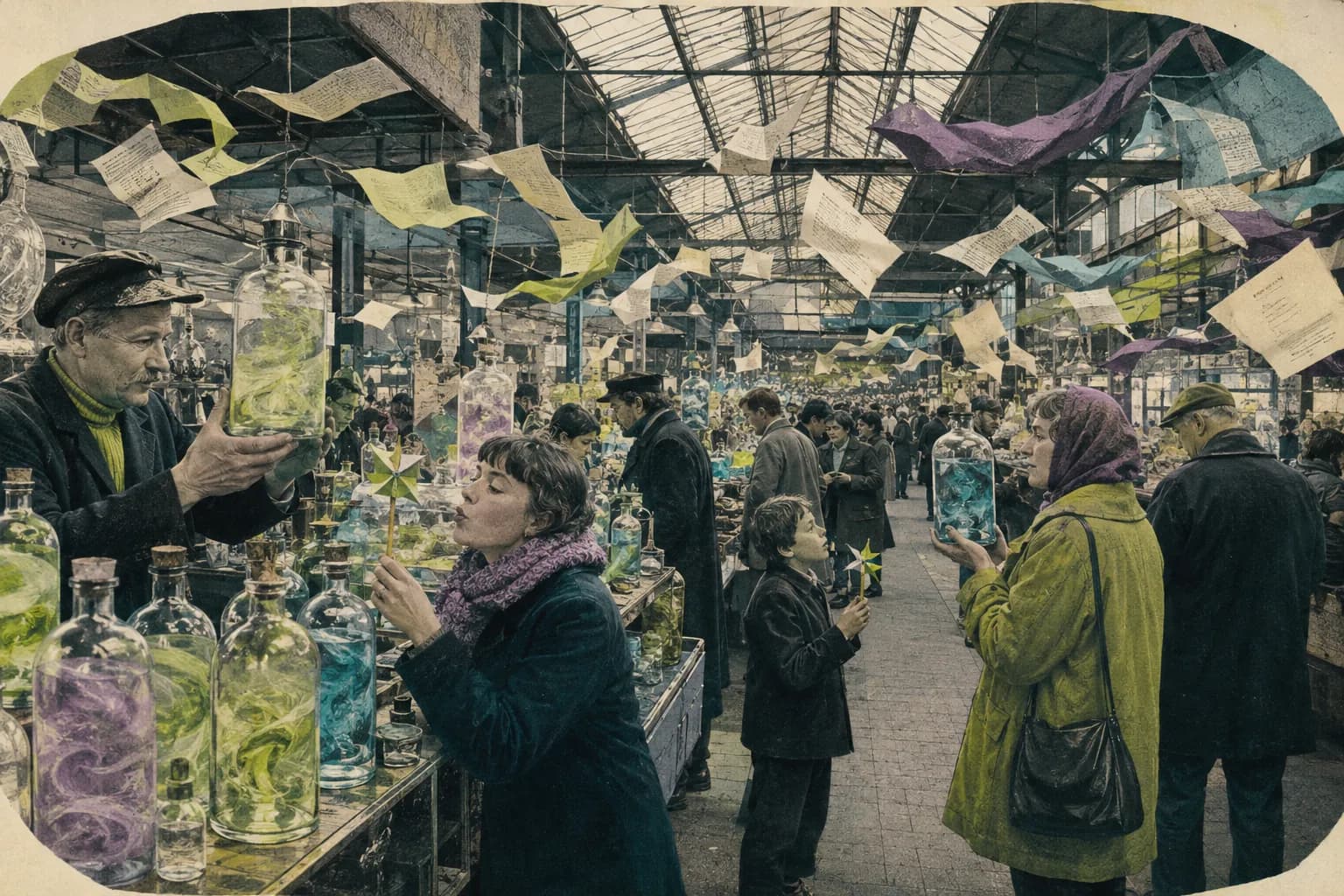 A crowded covered market where vendors sell colorful winds sealed inside glass bottles.