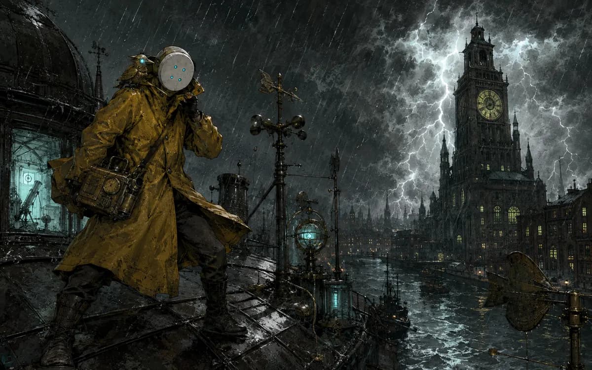 A masked weather clerk in a mustard raincoat approaches Kvarnen while lightning bends around the mill sails.