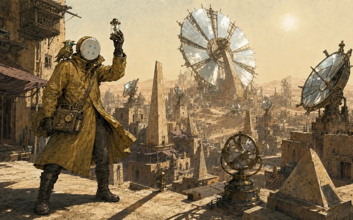 Solar clocks bloom like metal flowers across a desert as the clerk compares their mismatched shadows.