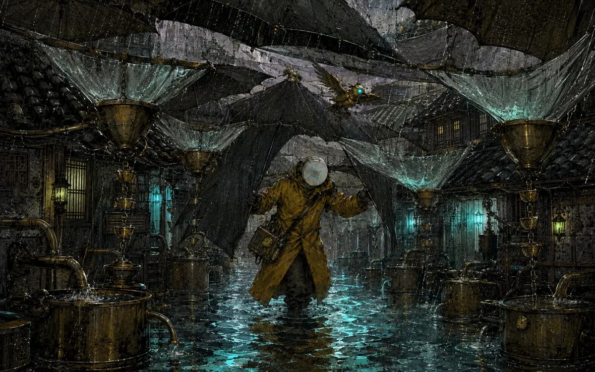Beneath a vast monsoon canopy, rain beads travel upward along silk measuring threads toward hidden machinery.
