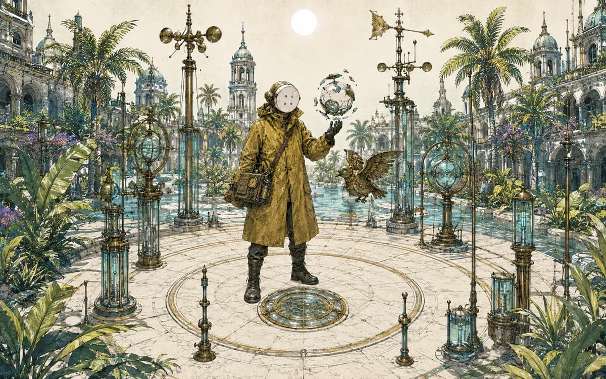 At a shadowless equatorial plaza, the clerk, bird and towers cast no silhouettes under a white vertical sun.