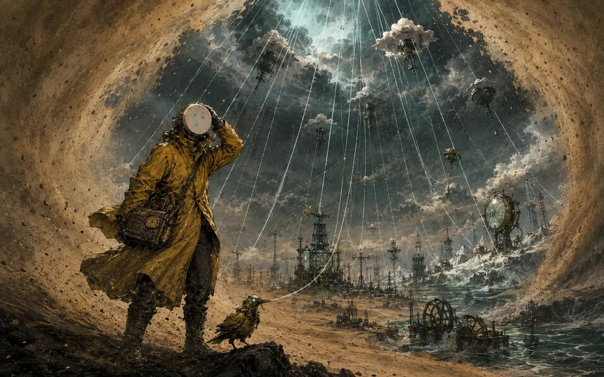 Fine puppet strings descend from the clouds and attach to weather vanes, umbrellas, towers and waves.