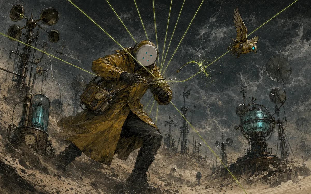 The clerk cuts one glowing string, causing a dozen neighboring strings to snap tight across the sky.