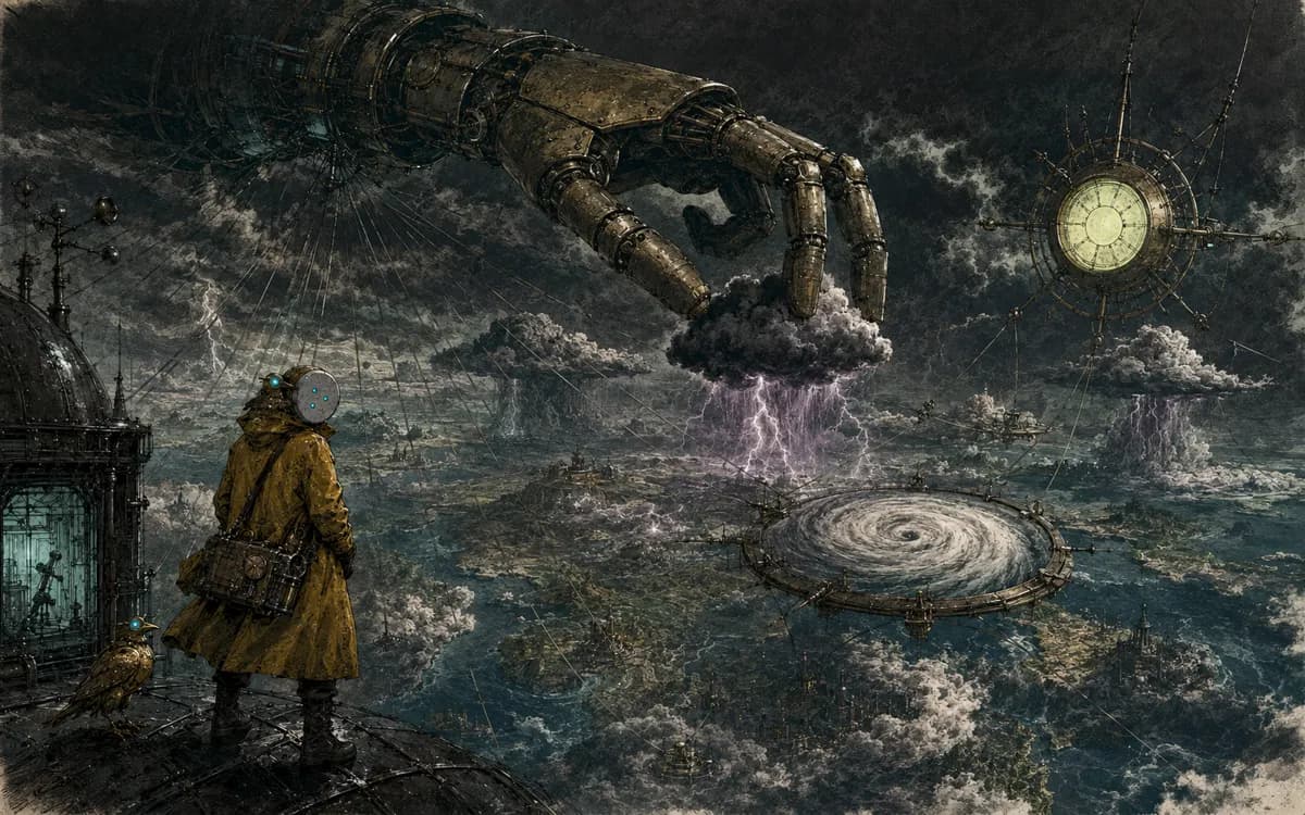 An enormous brass hand reaches through cloud layers and quietly rearranges a procession of storms.