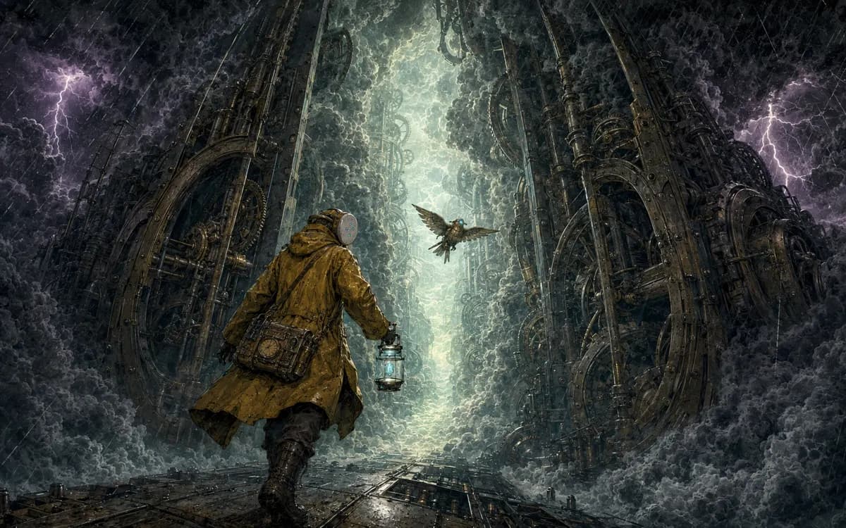 The clerk stands before a colossal storm gate whose rotating clouds form a keyhole around a distant tower.