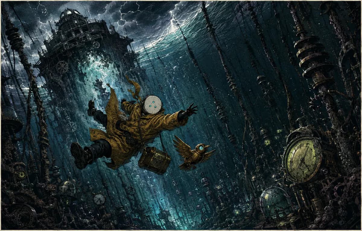 The clerk descends through an underwater forest of luminous weather cables rooted in the seafloor.