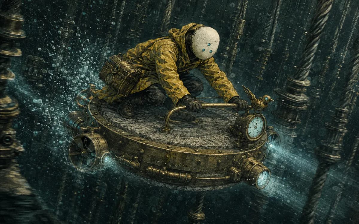 A round submersible shaped like a millstone rolls between cable trunks with the clerk visible through a brass porthole.