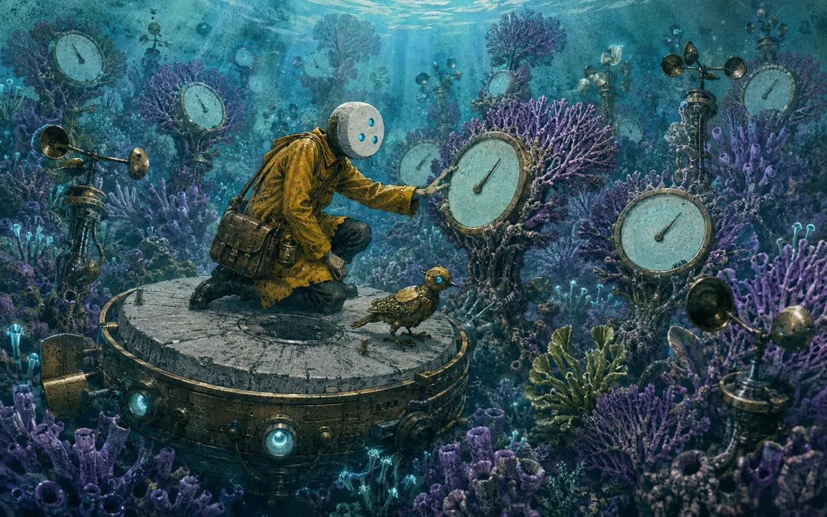 Coral barometers open and close like flowers while schools of silver fish trace their pressure readings.