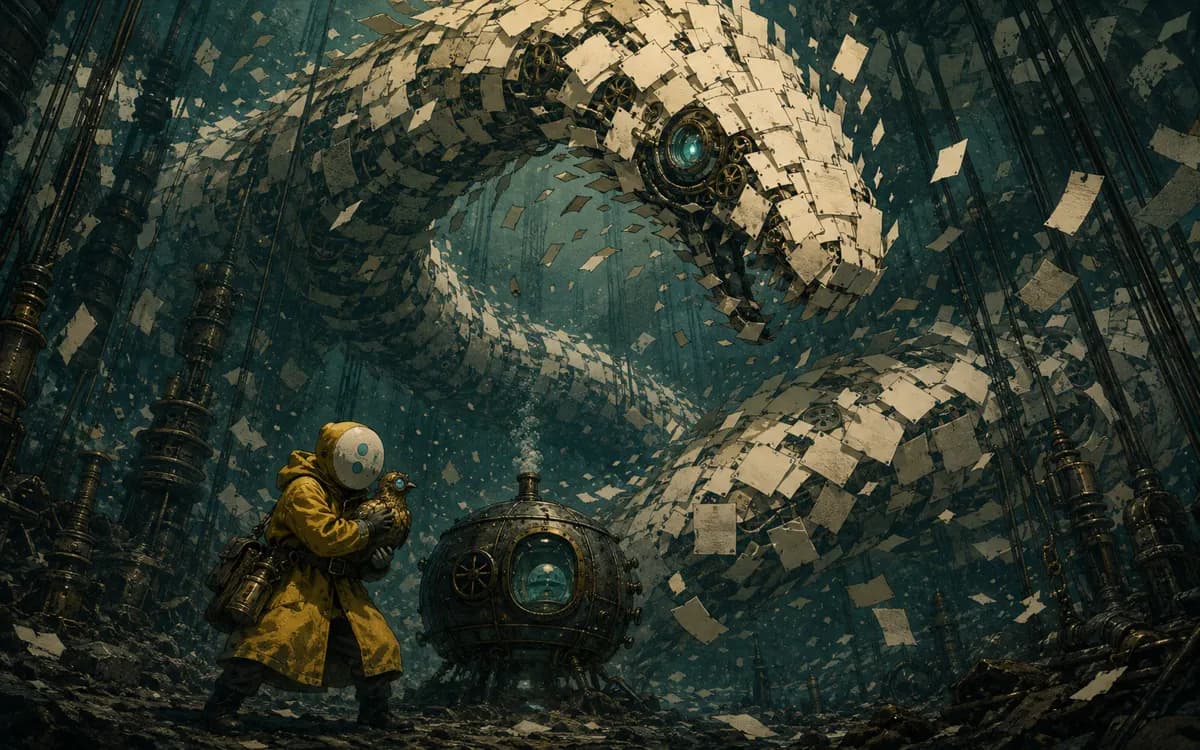 A leviathan made from folded maps and compass lines coils around a knot of undersea cables.