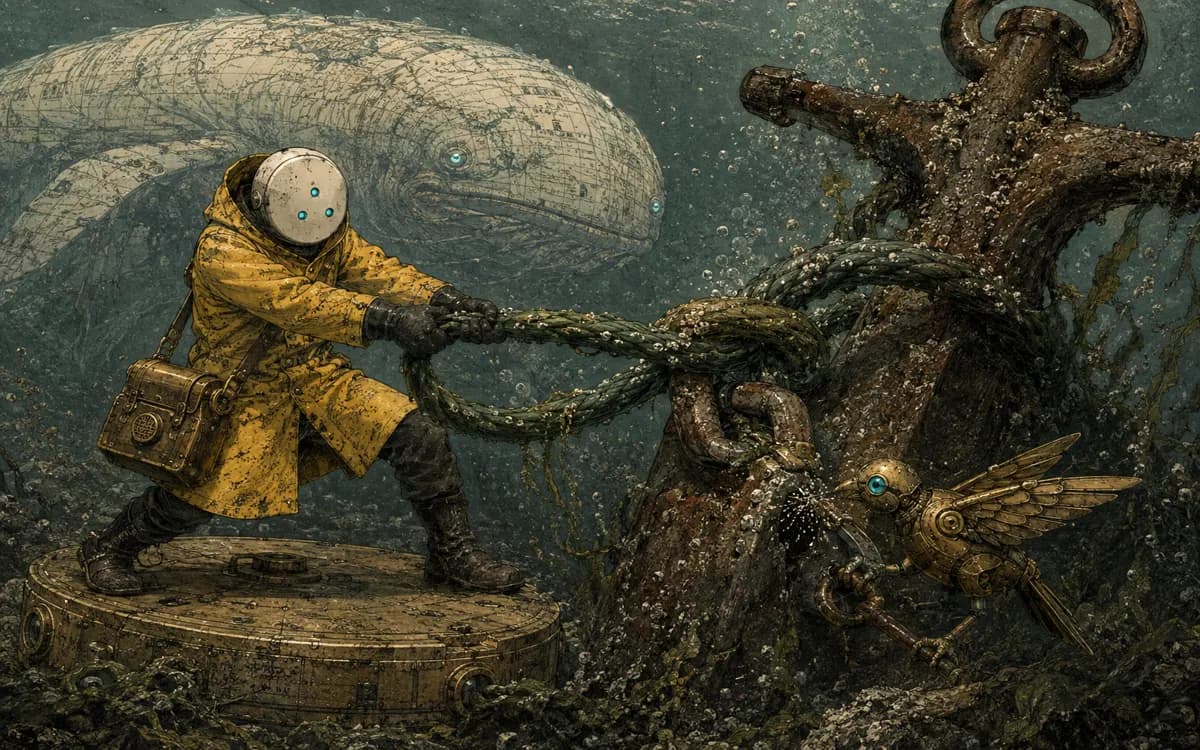 The clerk loosens the great cable knot while the map leviathan watches with one enormous cartographic eye.