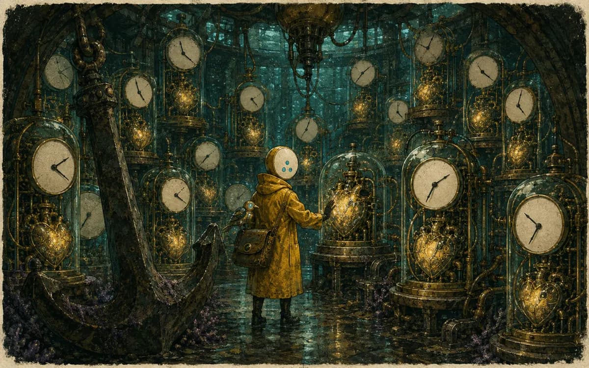 Dozens of brass clock hearts drift free from the opened cables, pulsing with different local hours.