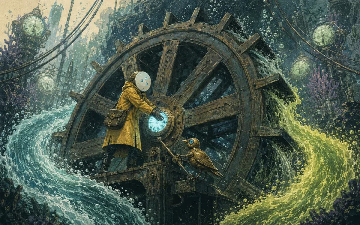 The clerk fits one clock heart into a gigantic ocean wheel and the stalled currents begin turning again.