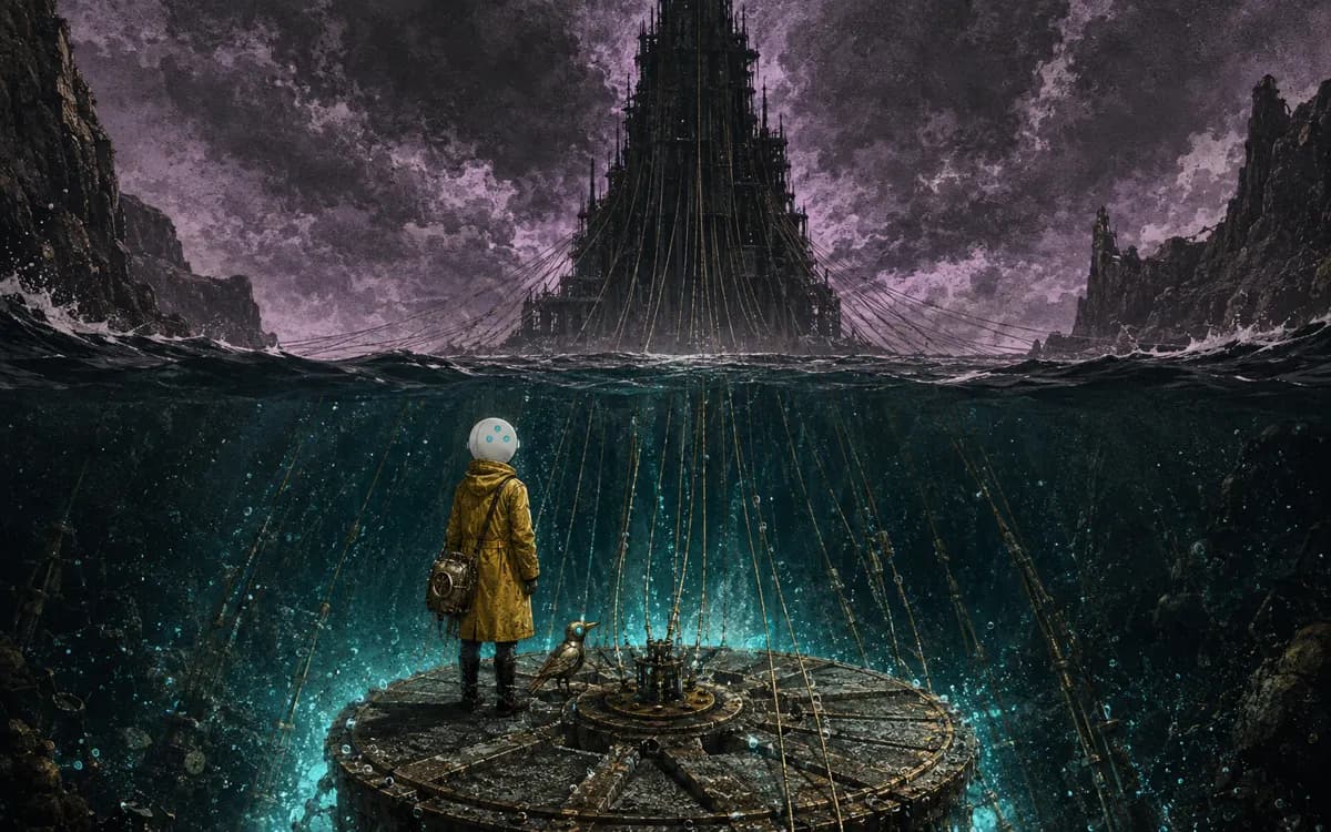 Glowing strings rise from the restored ocean wheel through dark water toward a needle-like tower above the clouds.