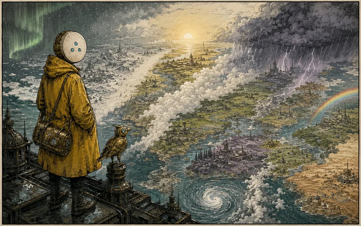 Dawn sweeps across many countries on a free-turning globe as windows light one by one beneath soft weather systems.