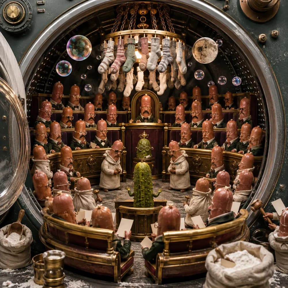 A parliament of sausages convenes inside a washing-machine drum beneath a sock chandelier while a pickle gives evidence.