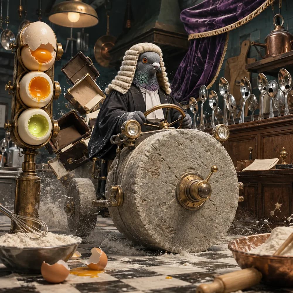 A stern judicial pigeon drives a millstone through a miniature kitchen courtroom.