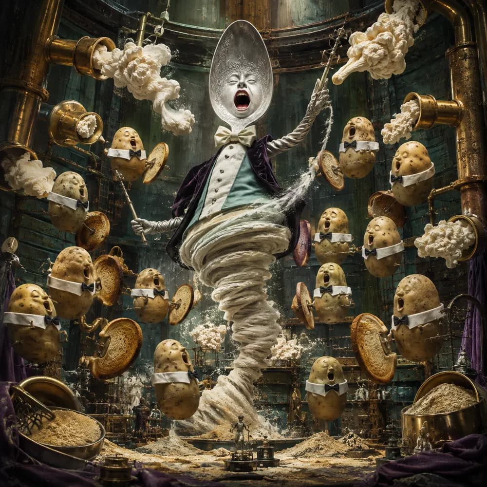 An opera-singing spoon tornado conducts a formation of levitating potatoes.