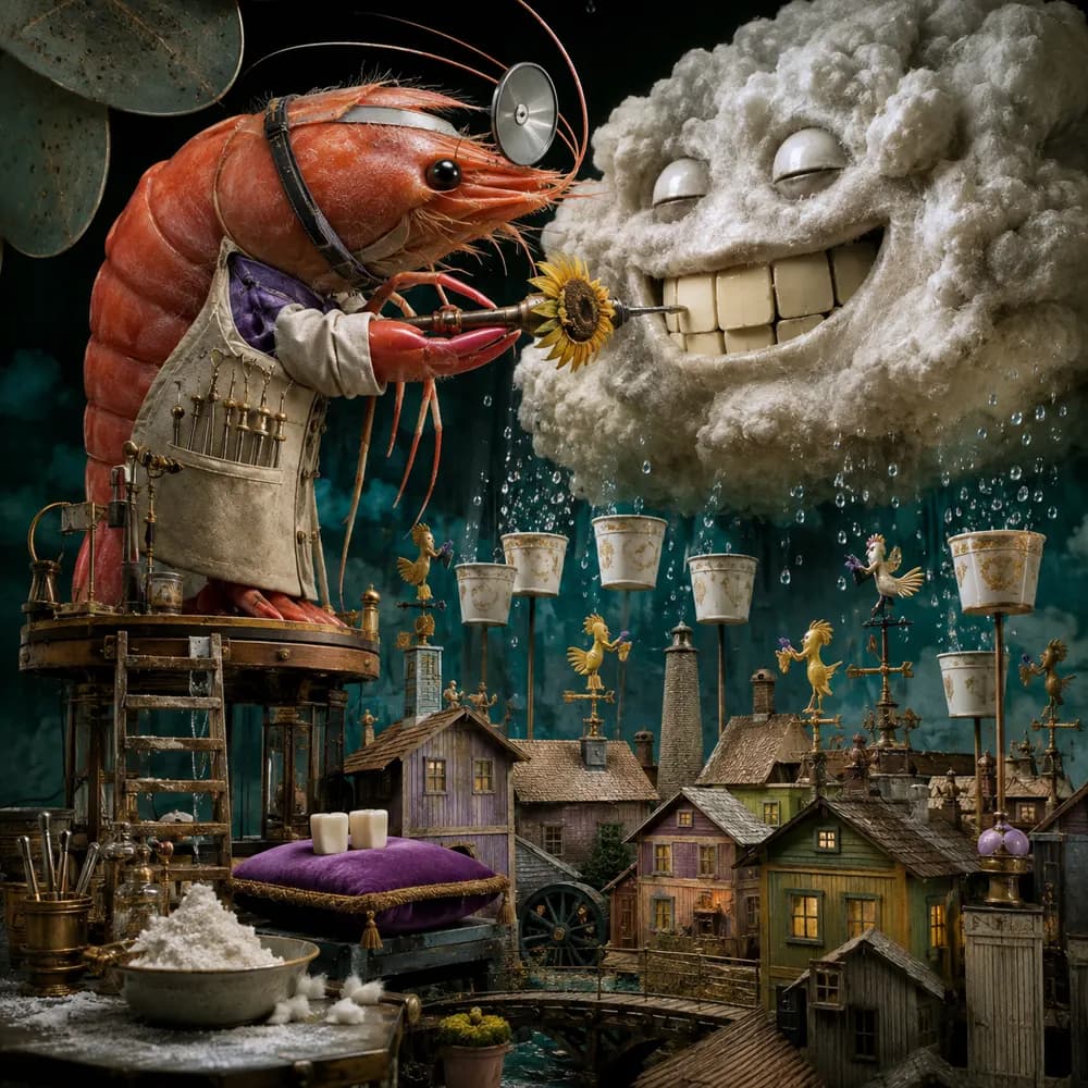 A colossal shrimp dentist examines a smiling thundercloud in a tiny clinic.