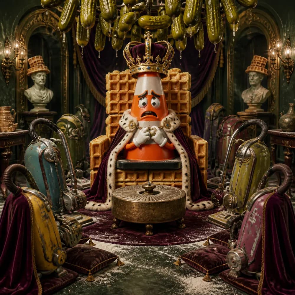 An anxious traffic-cone monarch receives kneeling vacuum cleaners in a ceremonial hall.