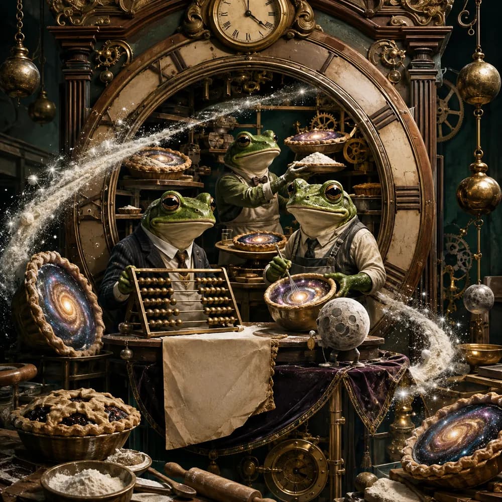 Business frogs bake glowing galaxy pies inside an enormous grandfather clock.