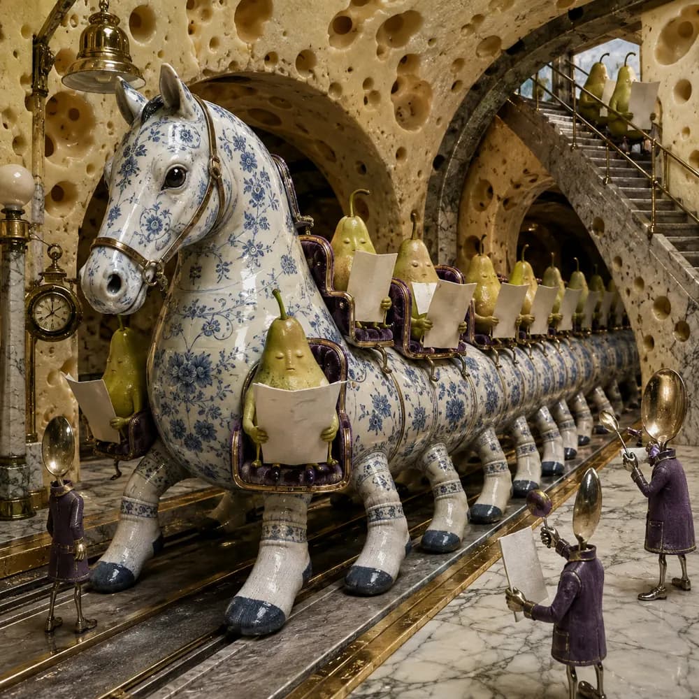 A porcelain sock-centipede commutes through a subway carved from cheese.