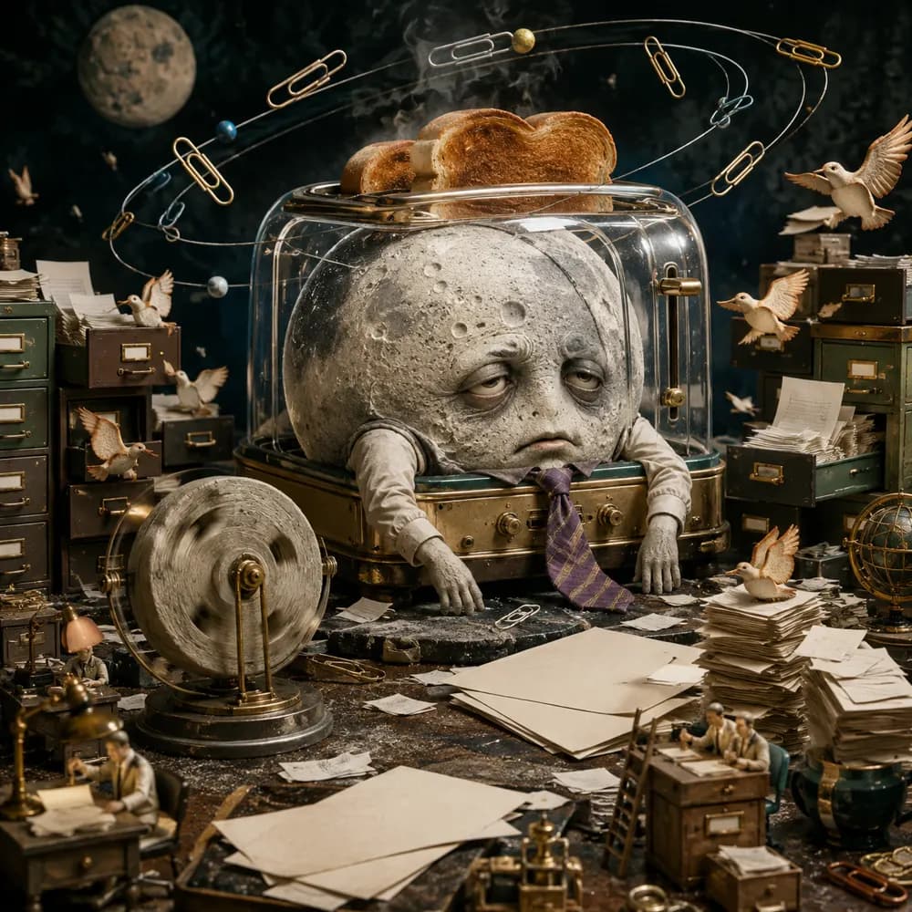 An exhausted moon office worker sits trapped inside a transparent toaster.
