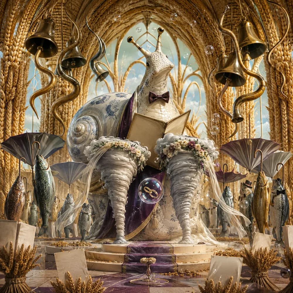 A porcelain snail officiates the marriage of two tornadoes inside a wheat cathedral.