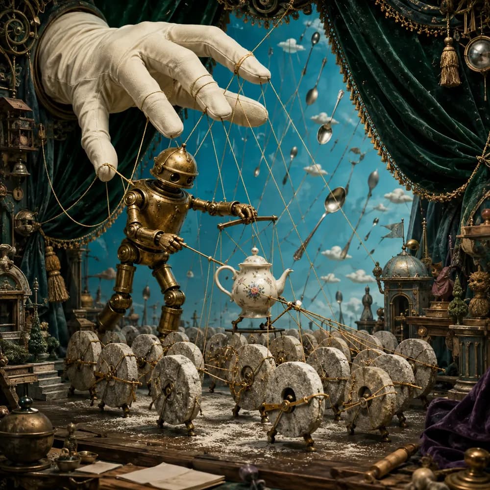 A hand puppeteers a robot that puppeteers a teapot which commands a row of millstones.