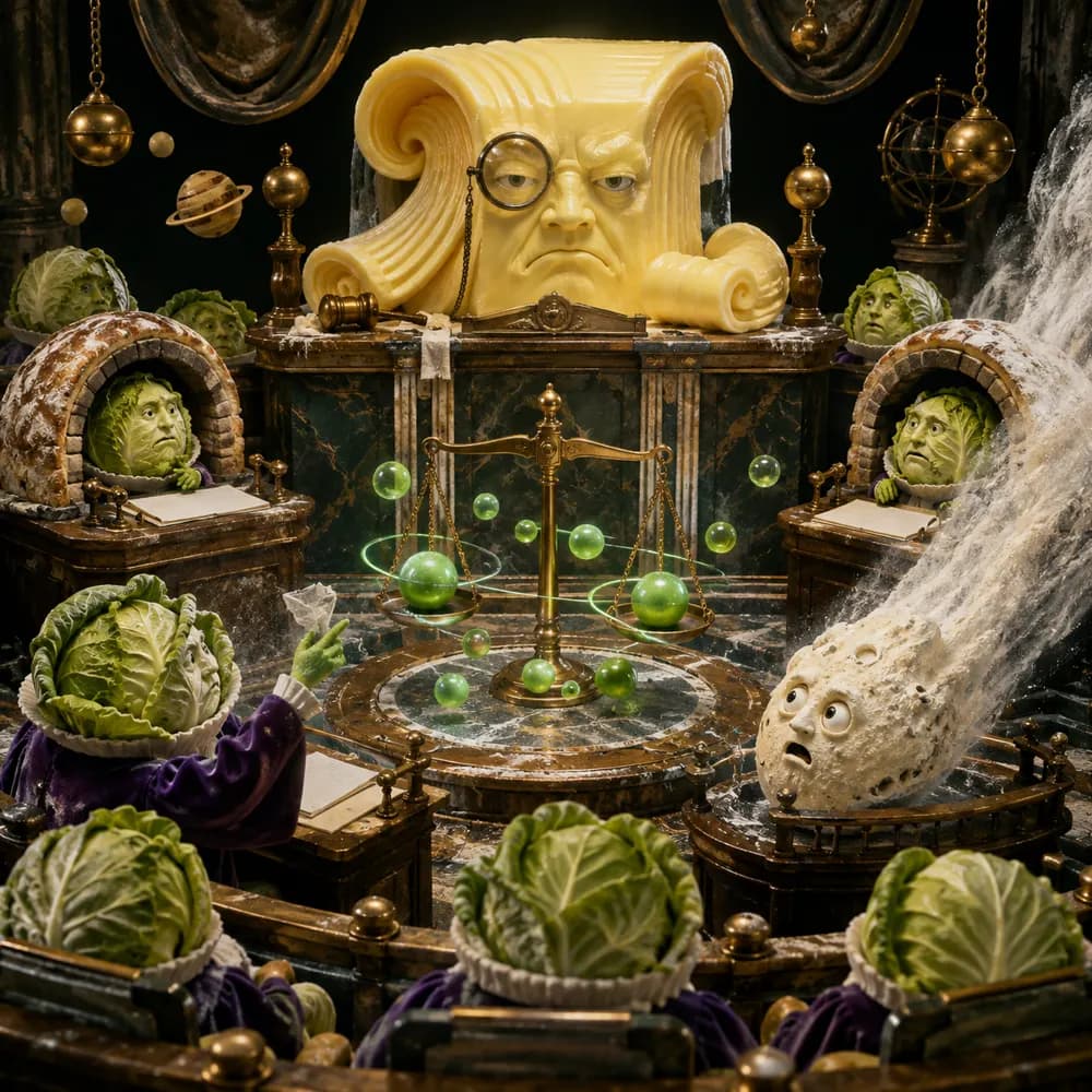 A cabbage courtroom judges a comet beneath a solemn block of butter acting as judge.
