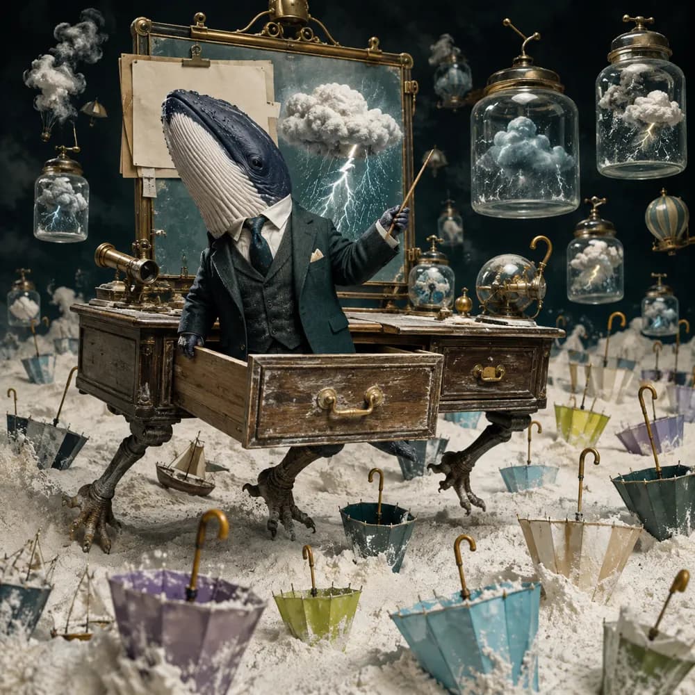 A whale in a suit presents the weather from a wooden desk drawer walking on thin legs.