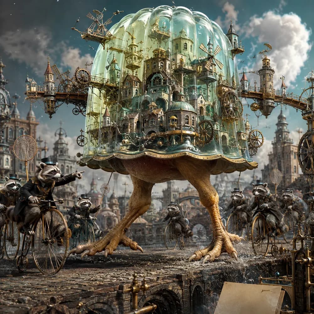 A city encased in jelly walks on chicken legs while raccoon tax collectors pursue it.