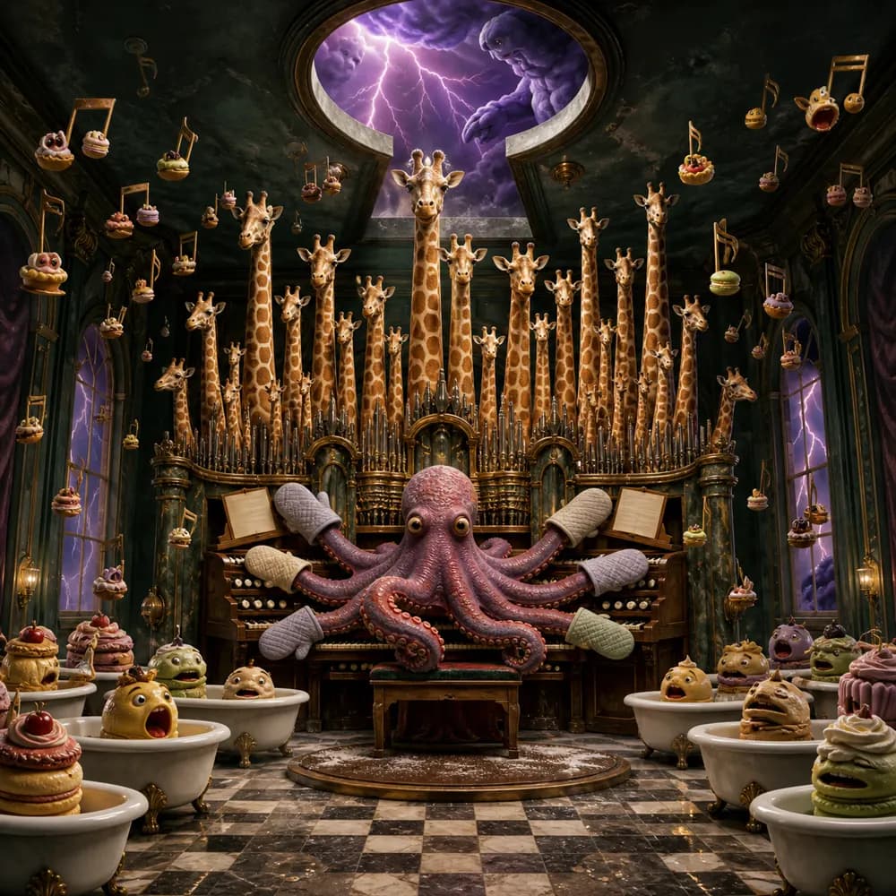 An octopus plays a cathedral organ built from many towering giraffe necks.