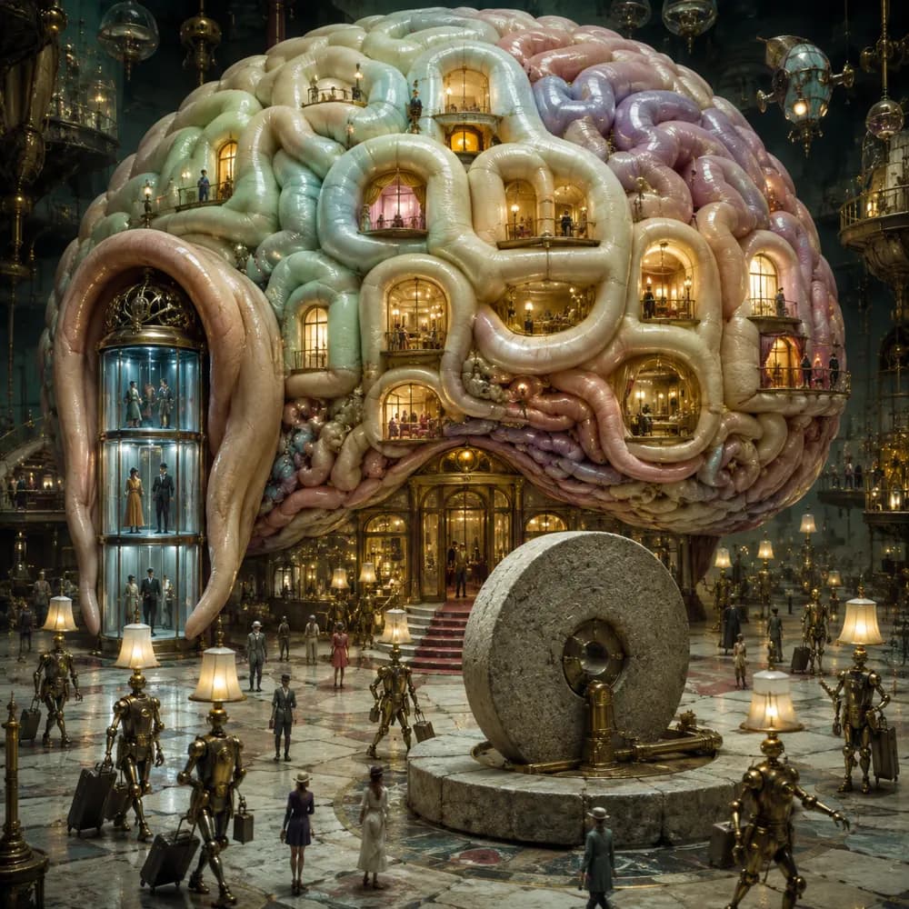 Nervous small robots operate a translucent hotel shaped like a human brain.