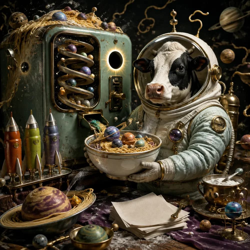 A cosmic vending machine dispenses small planets into a space cow's bowl of soup.