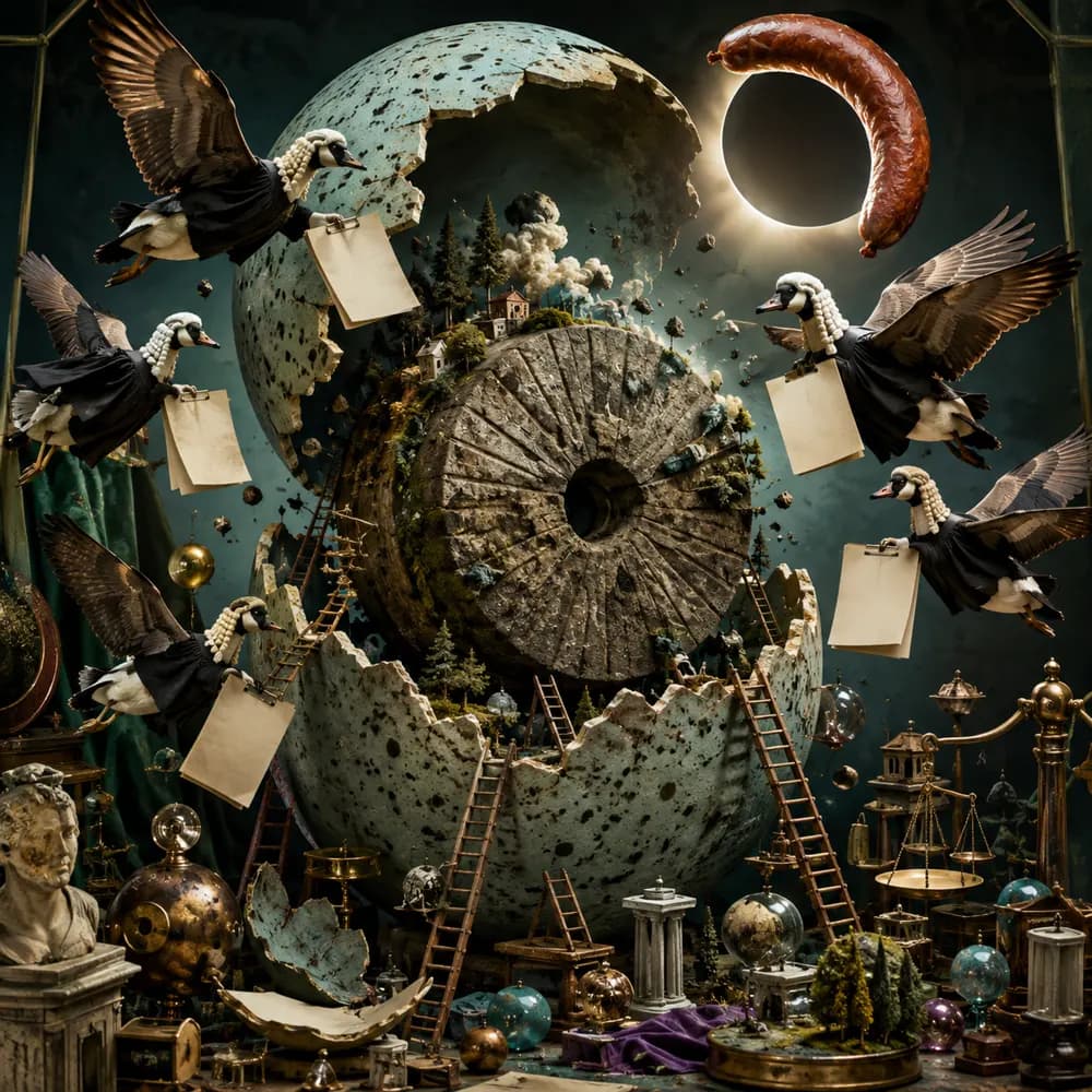 A millstone planet hatches in space while barrister geese orbit a sausage-shaped moon.