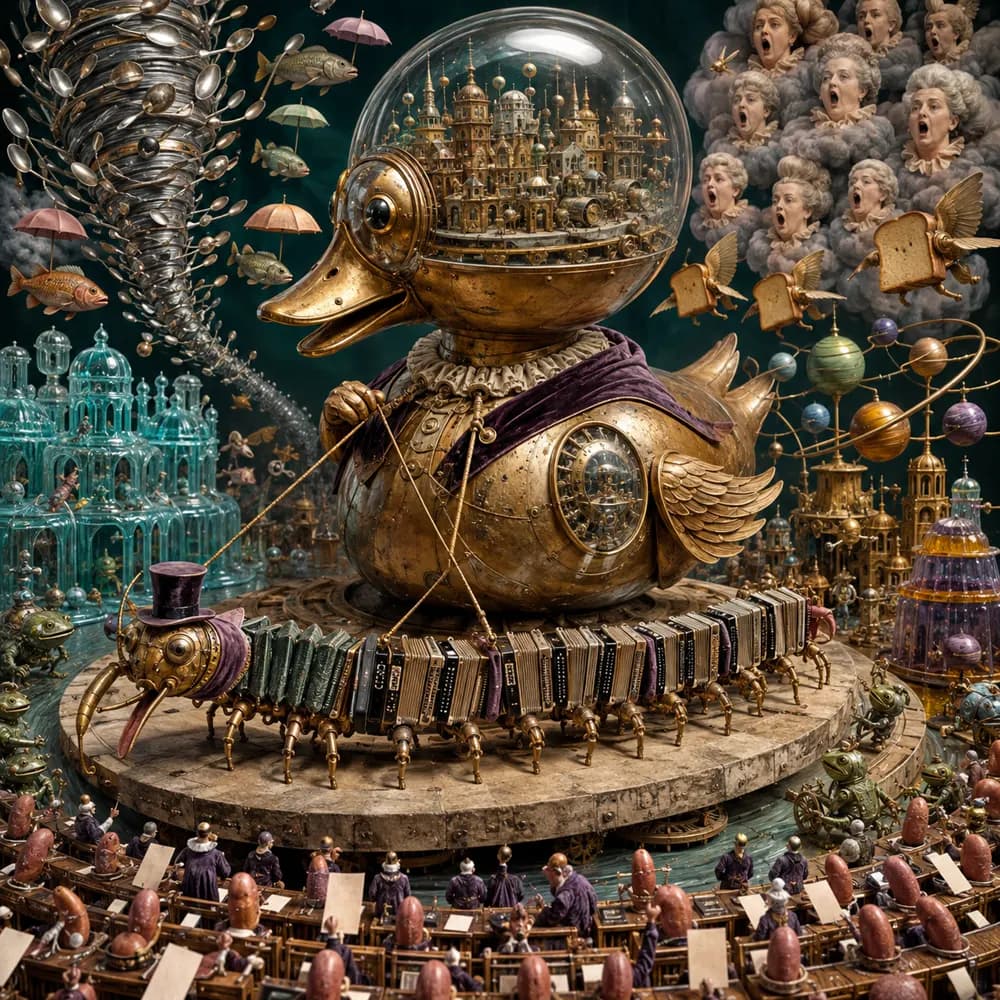 A brass duck puppet master presides over an escalating miniature city containing echoes of the entire absurd cabinet.