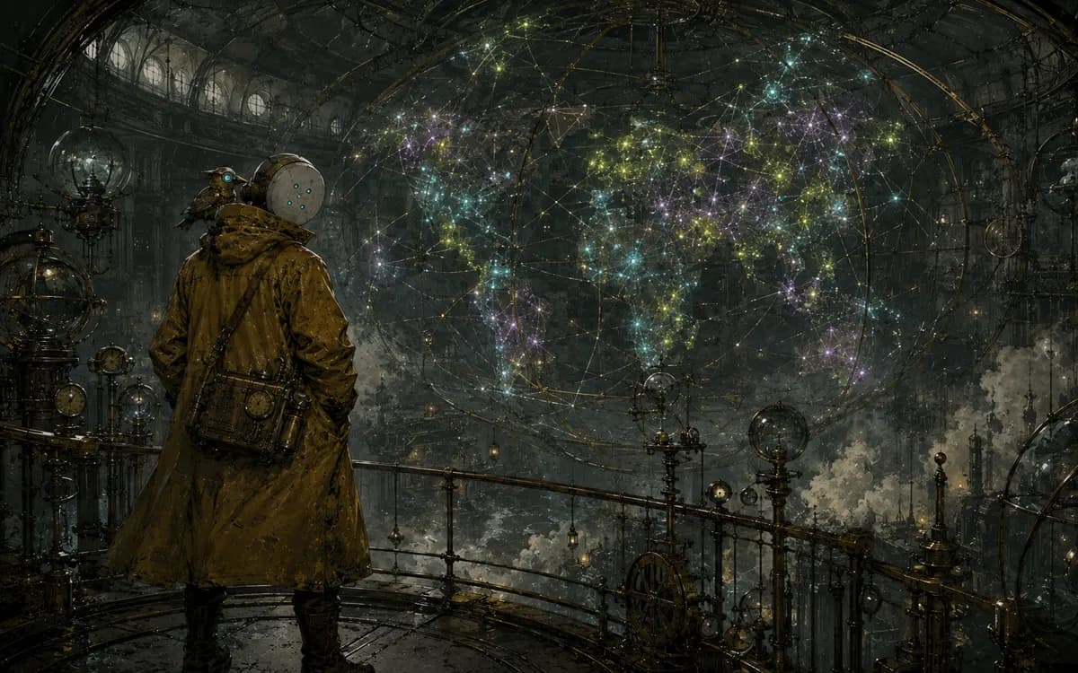 A wall-sized world map blinks cyan at distant capitals while every clock points to a different hour.