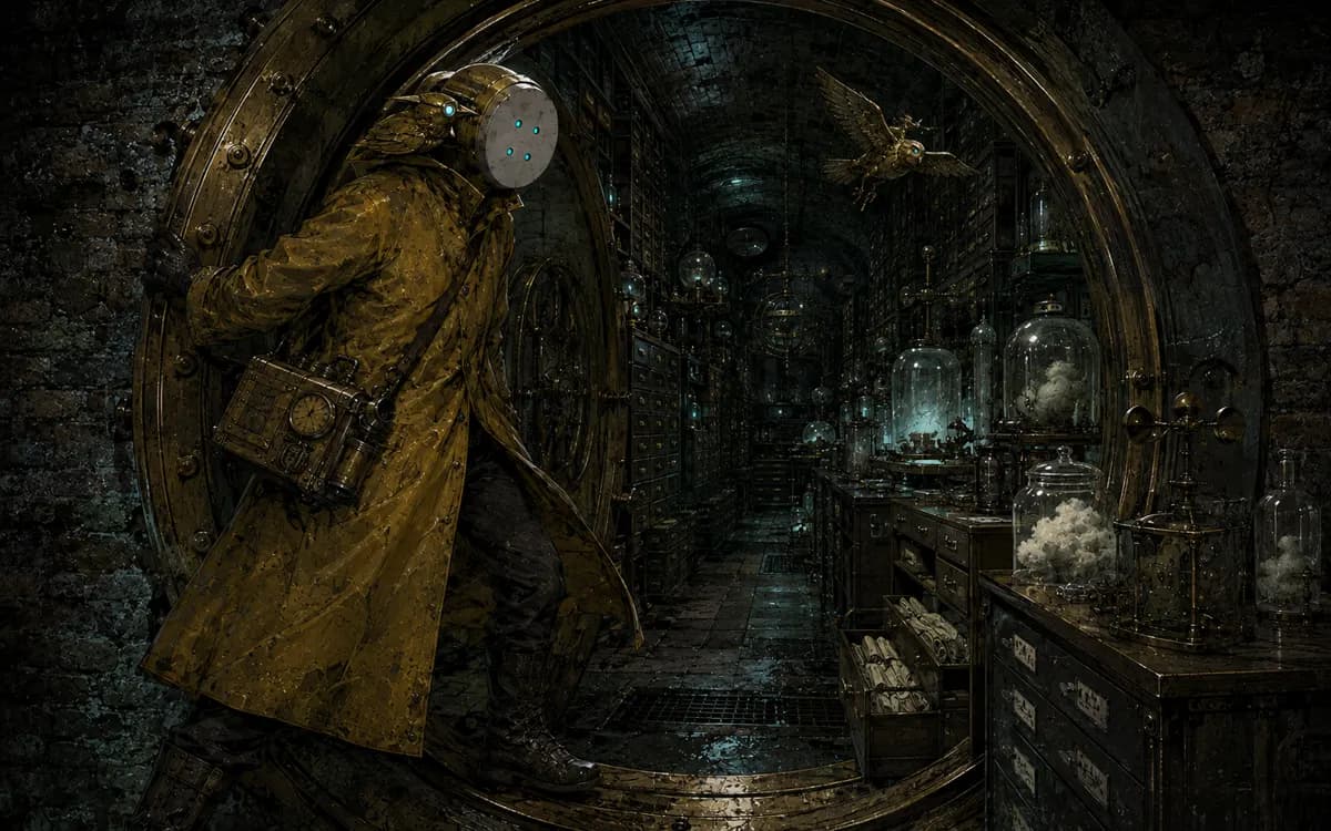 The clerk and a brass bird search an archive room packed with weather ledgers, pressure drums and sealed glass drawers.