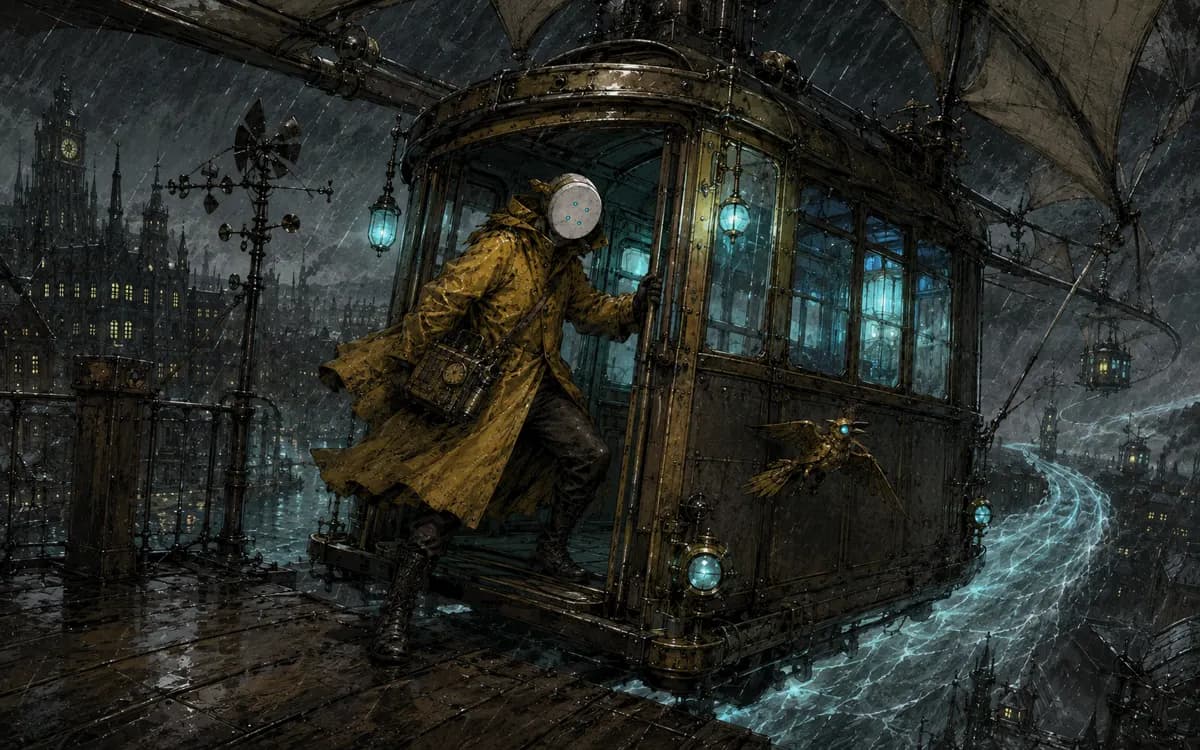 A narrow wind tram carries the clerk over dark rooftops on rails made from compressed gusts.
