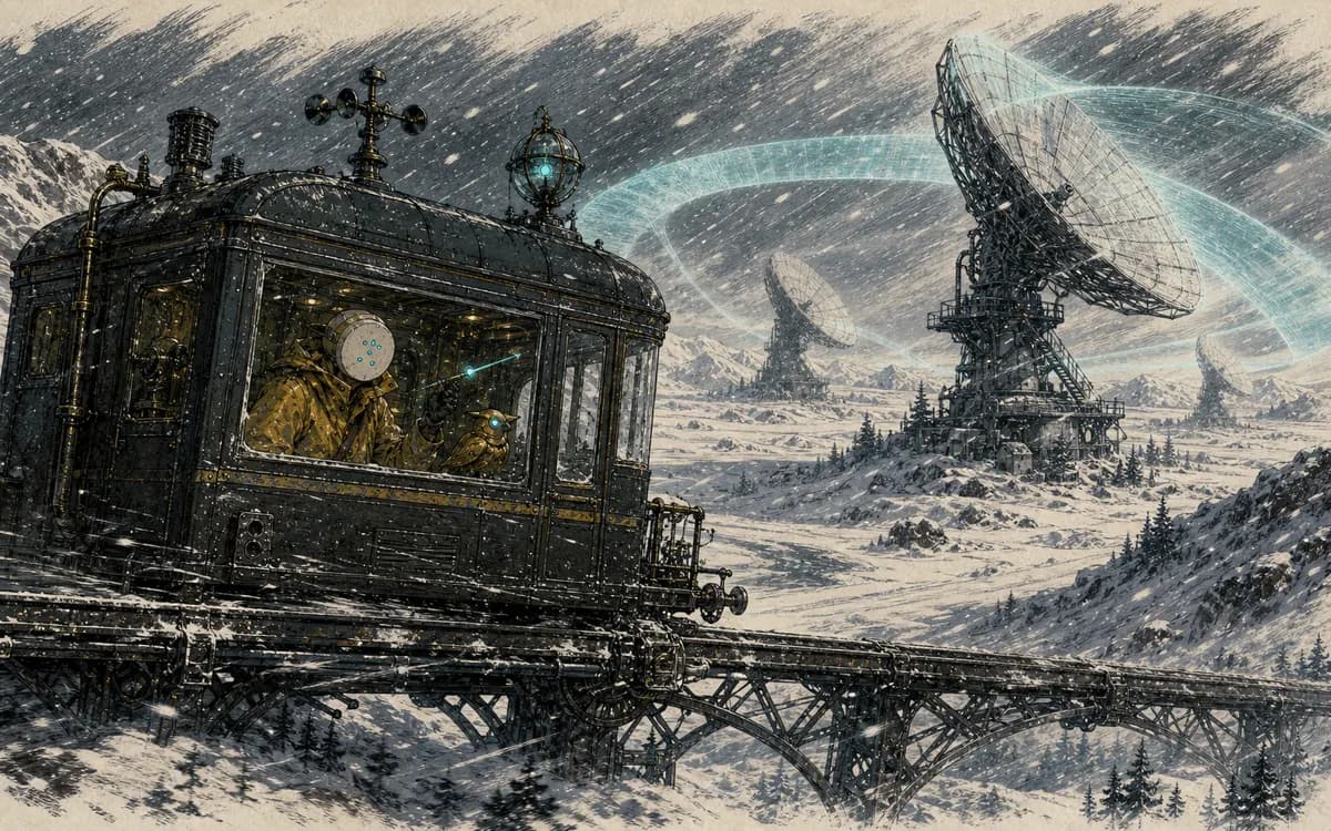 The tram crosses a Nordic landscape of black pines, pale lakes and weather vanes turning against the wind.